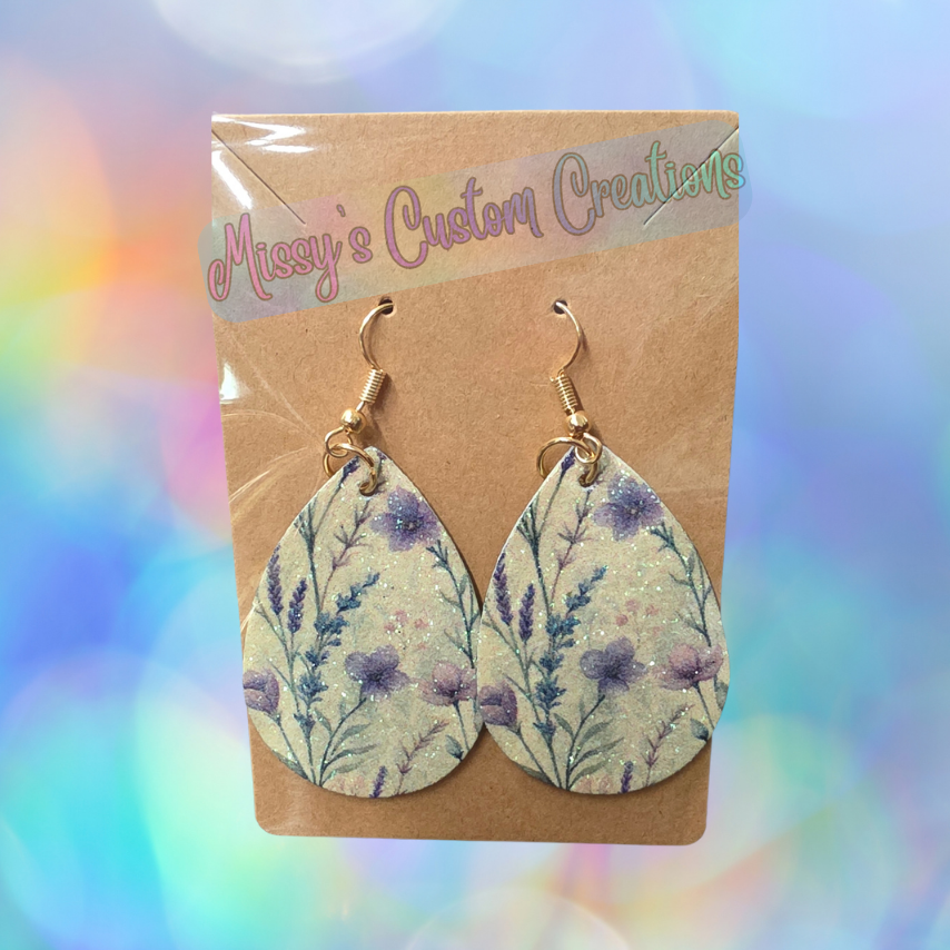 Teardrop Light Purple Floral Glitter Faux Leather Earrings