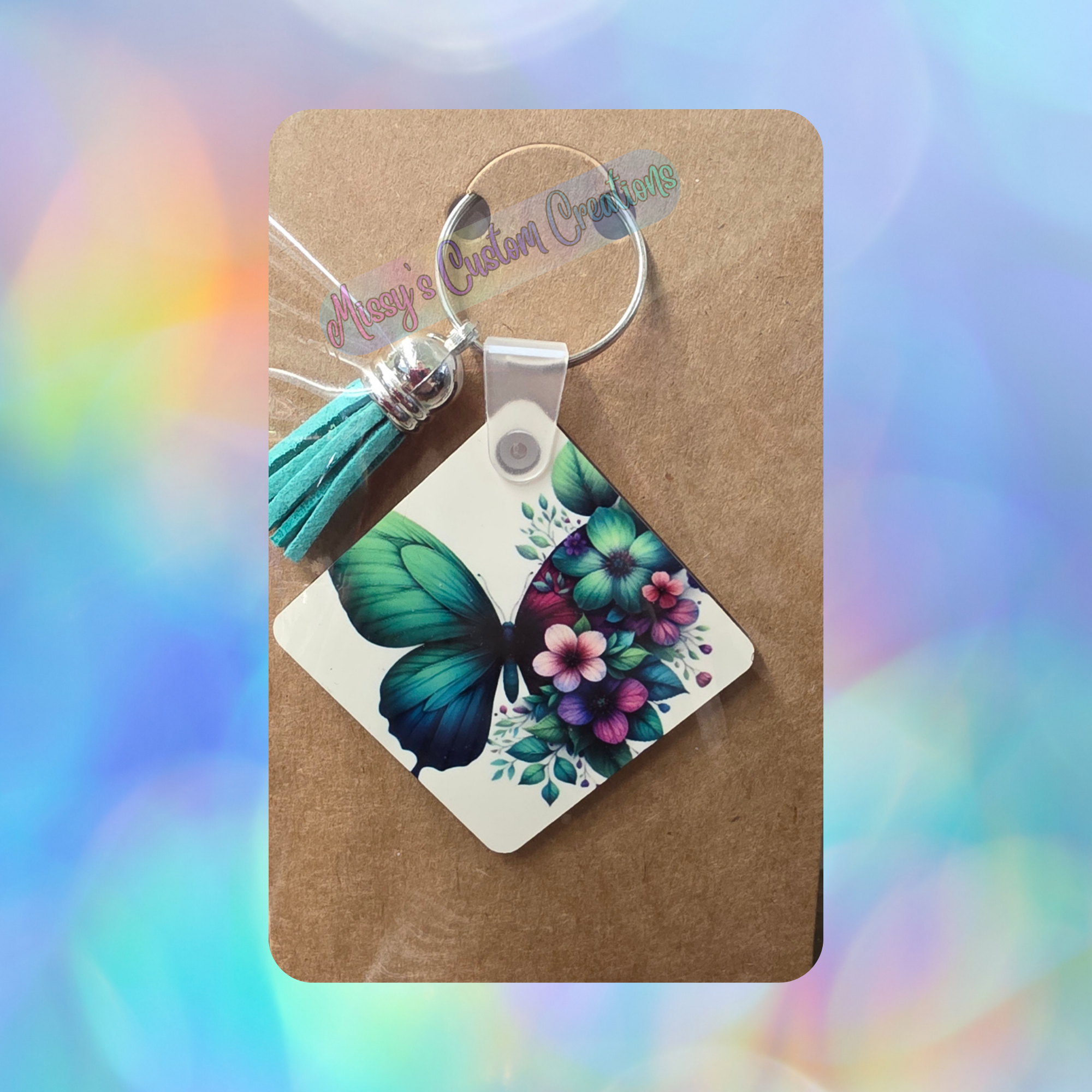 Butterfly & Floral Wooden Keychain with Tassel