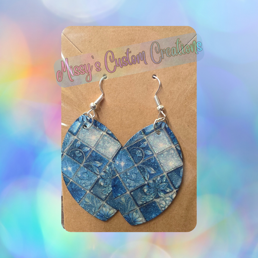 Blue Tile & Floral Glitter Faux Leather Earrings
