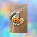 Sunflower Heart Shaped Wooden Keychain with Light Green Tassel