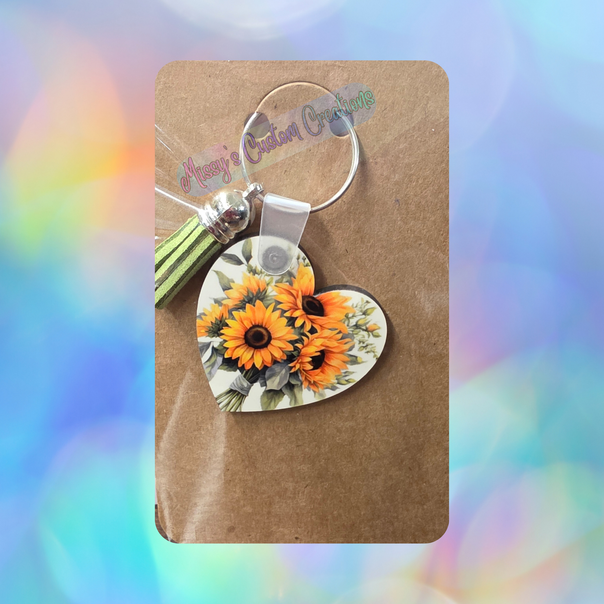 Sunflower Heart Shaped Wooden Keychain with Light Green Tassel