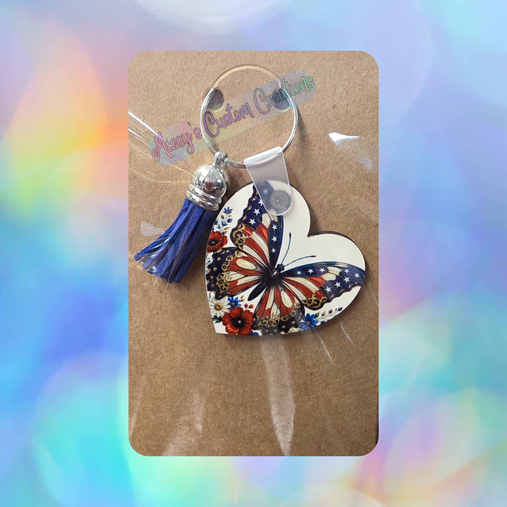 Patriotic Butterfly Heart Shaped Wooden Keychain with Blue Tassel