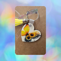 Sunflower Butterfly Heart Shaped Wooden Keychain with Yellow Tassel