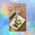 Frog & Dragonfly Wooden Keychain with Light Green Tassel
