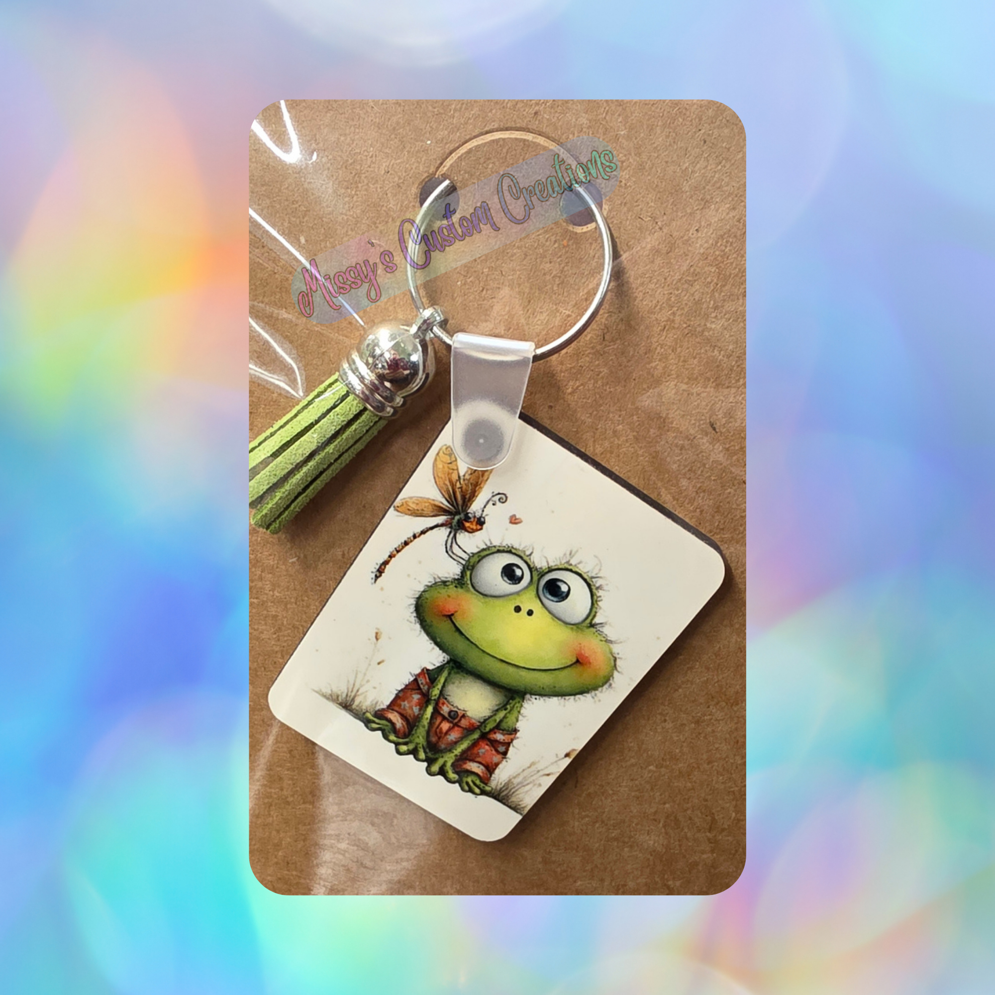 Frog & Dragonfly Wooden Keychain with Light Green Tassel