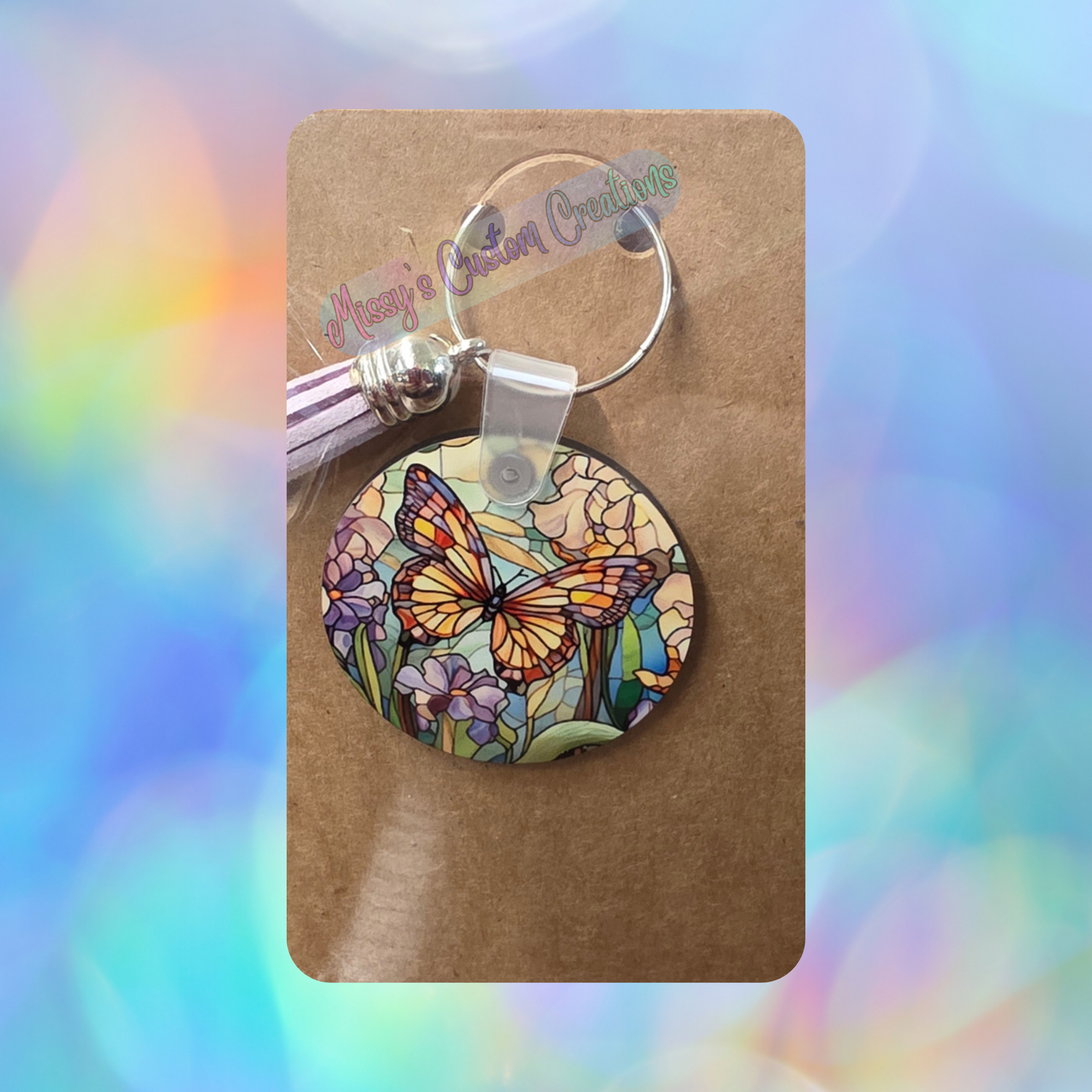Stained Glass Butterfly & Purple Flowers Wooden Keychain with Light Purple Tassel
