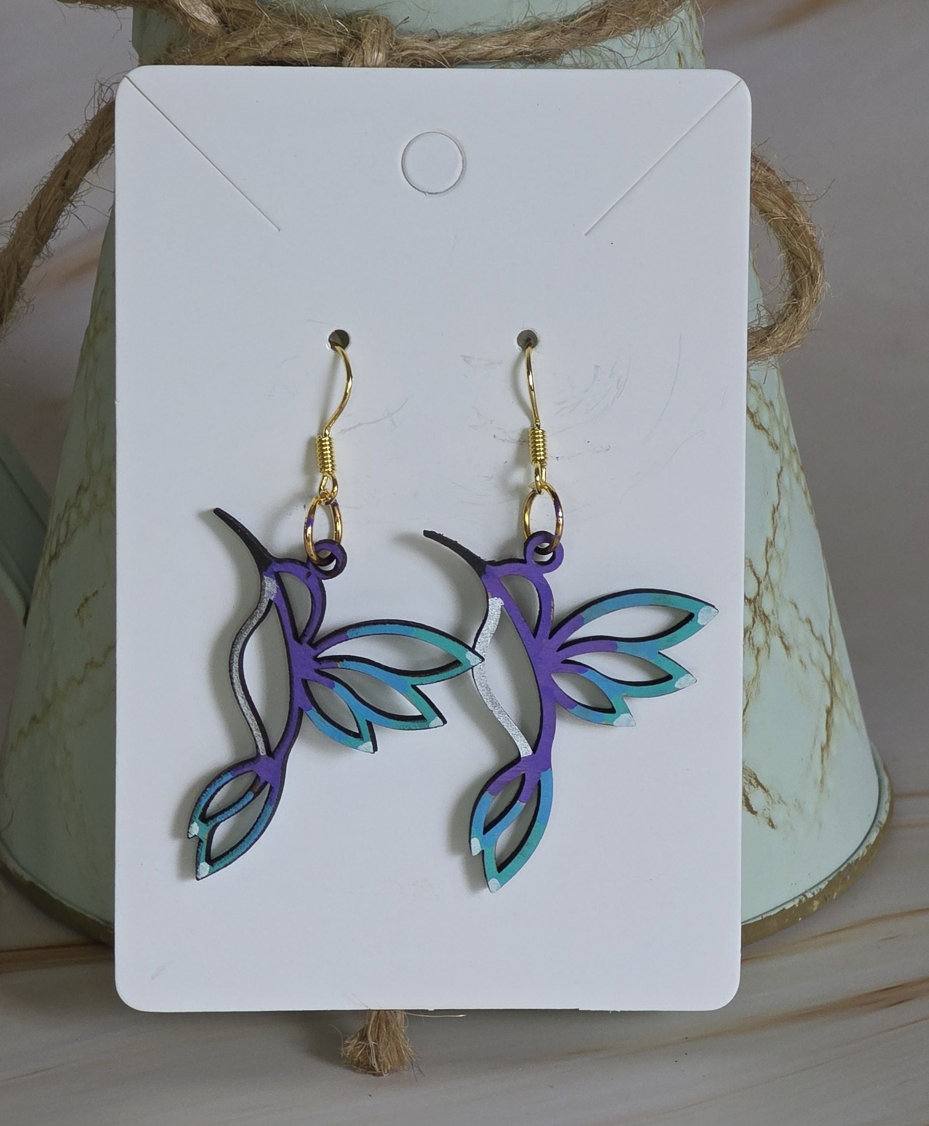 Laser Cut Hummingbird Earrings (Hand Painted)