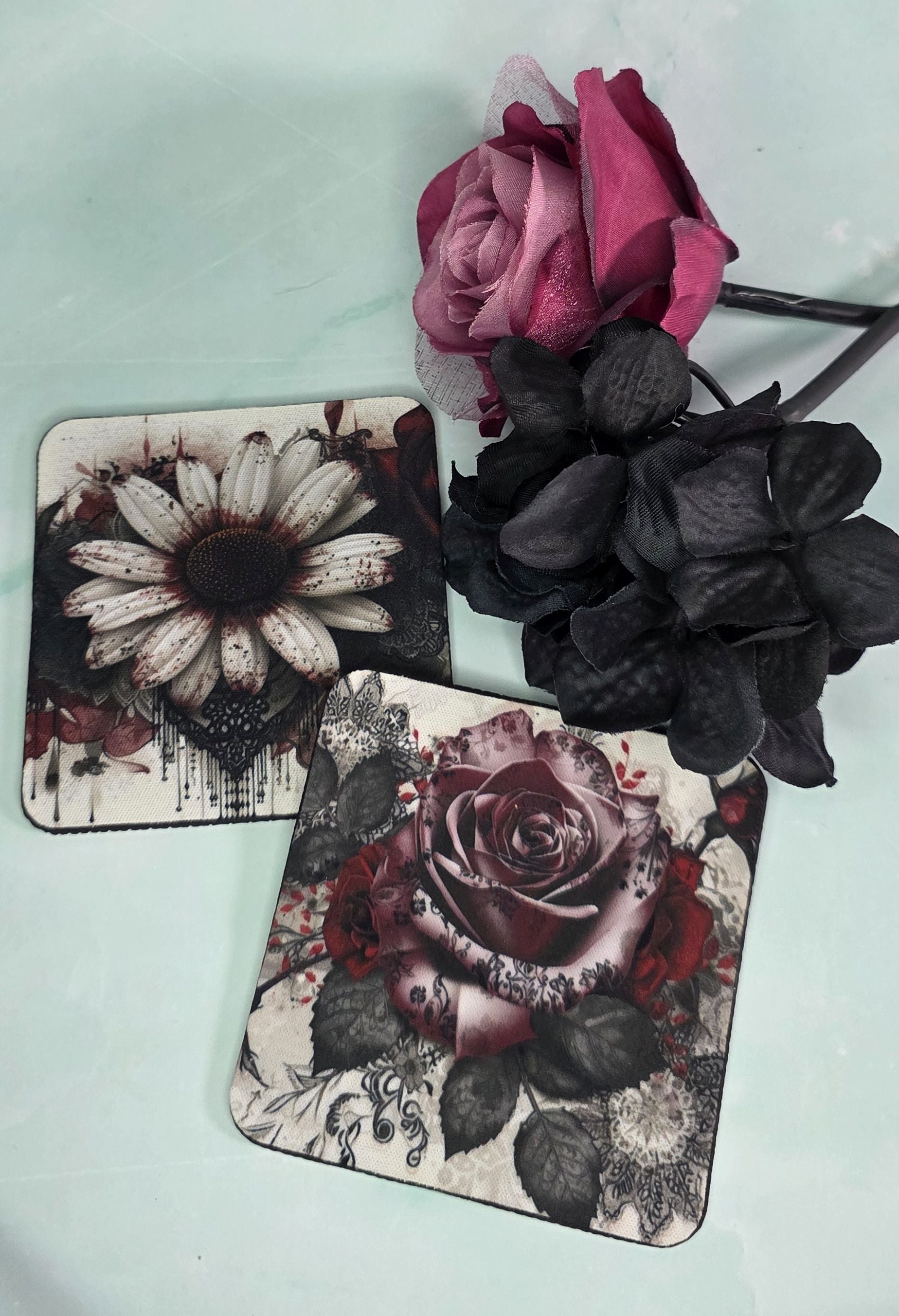 Gothic Flowers Neoprene Coasters – Set of 2