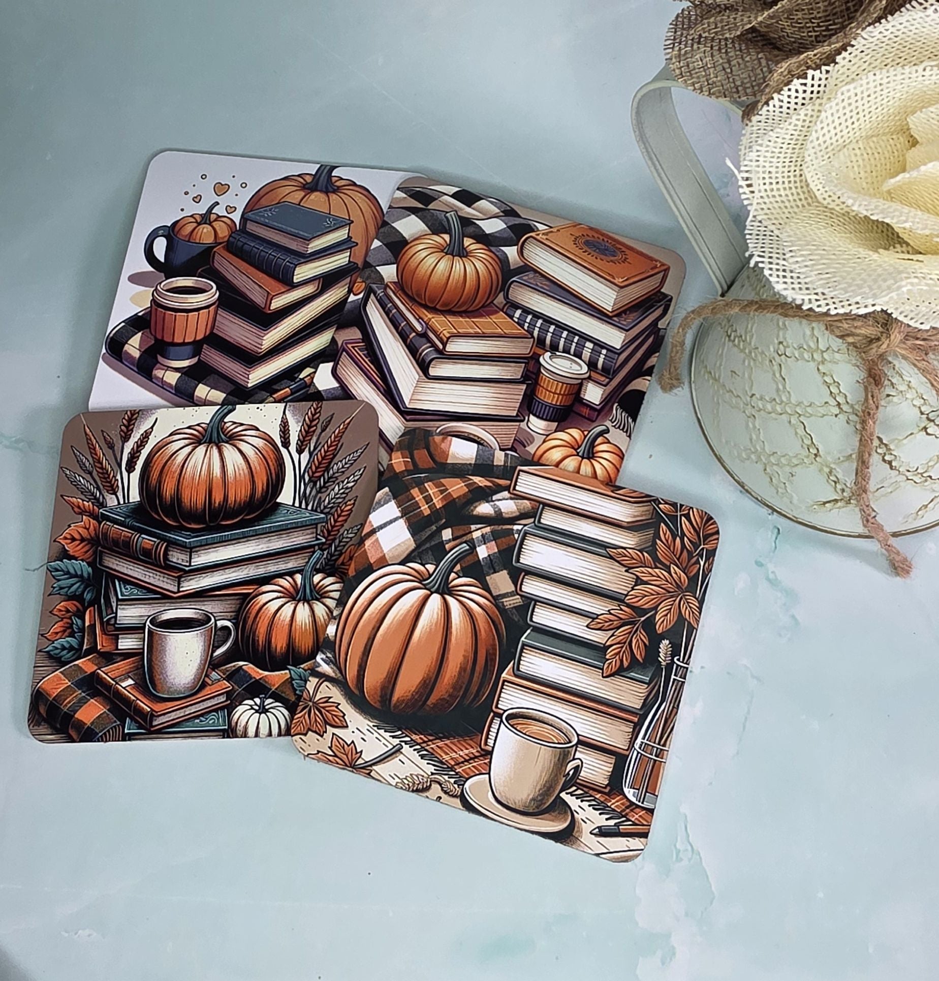 Pumpkins, Books & Coffee Metal Coasters – Set of 4