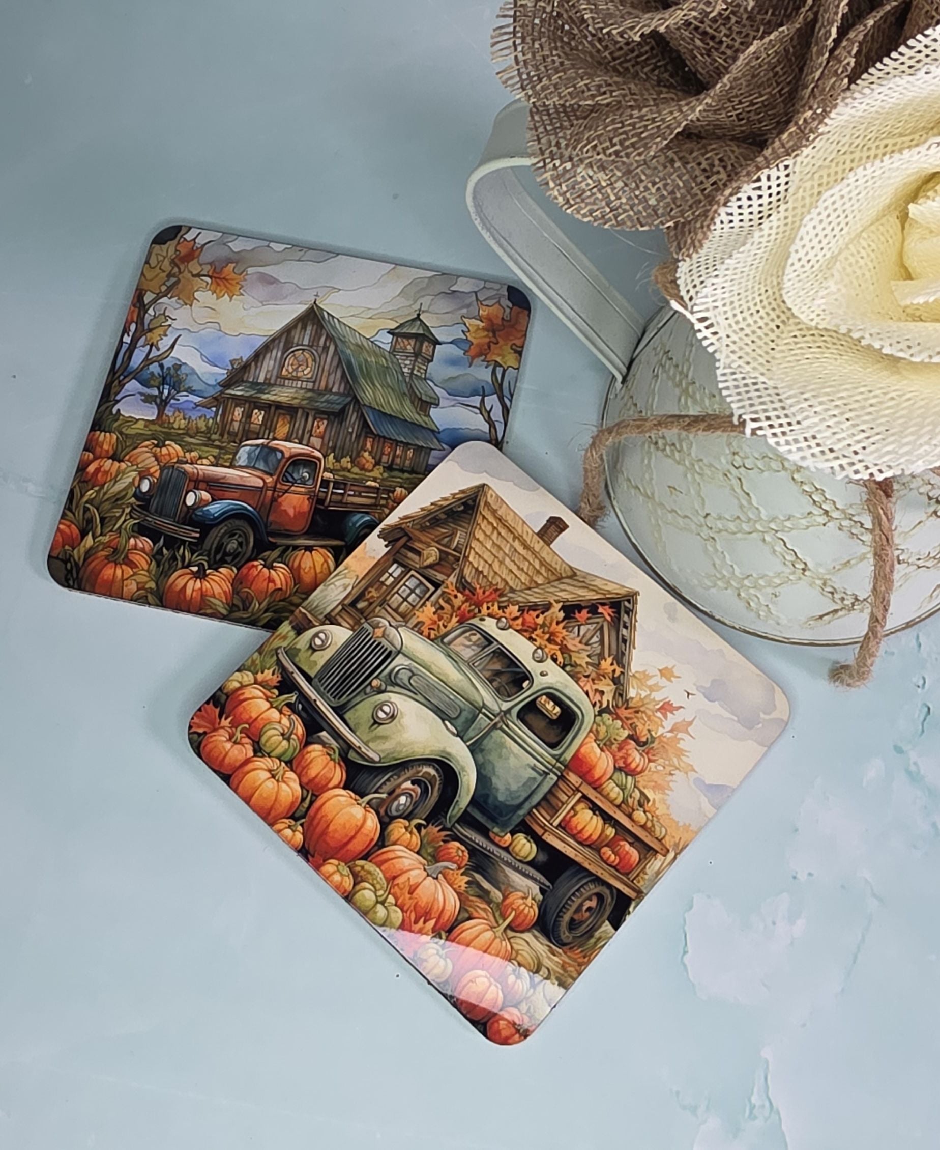 Old Trucks & Pumpkins Metal Coasters – Set of 2
