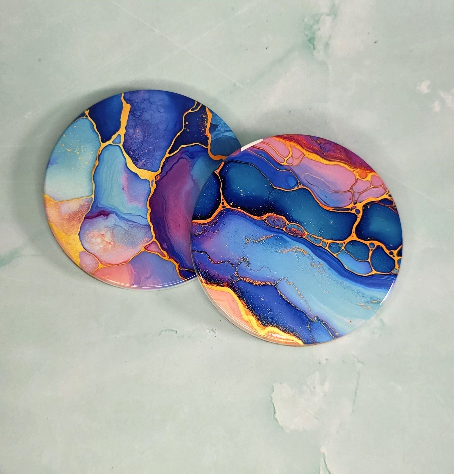 Alcohol Ink Ceramic Coasters in Blue, Purple & Orange – Set of 2