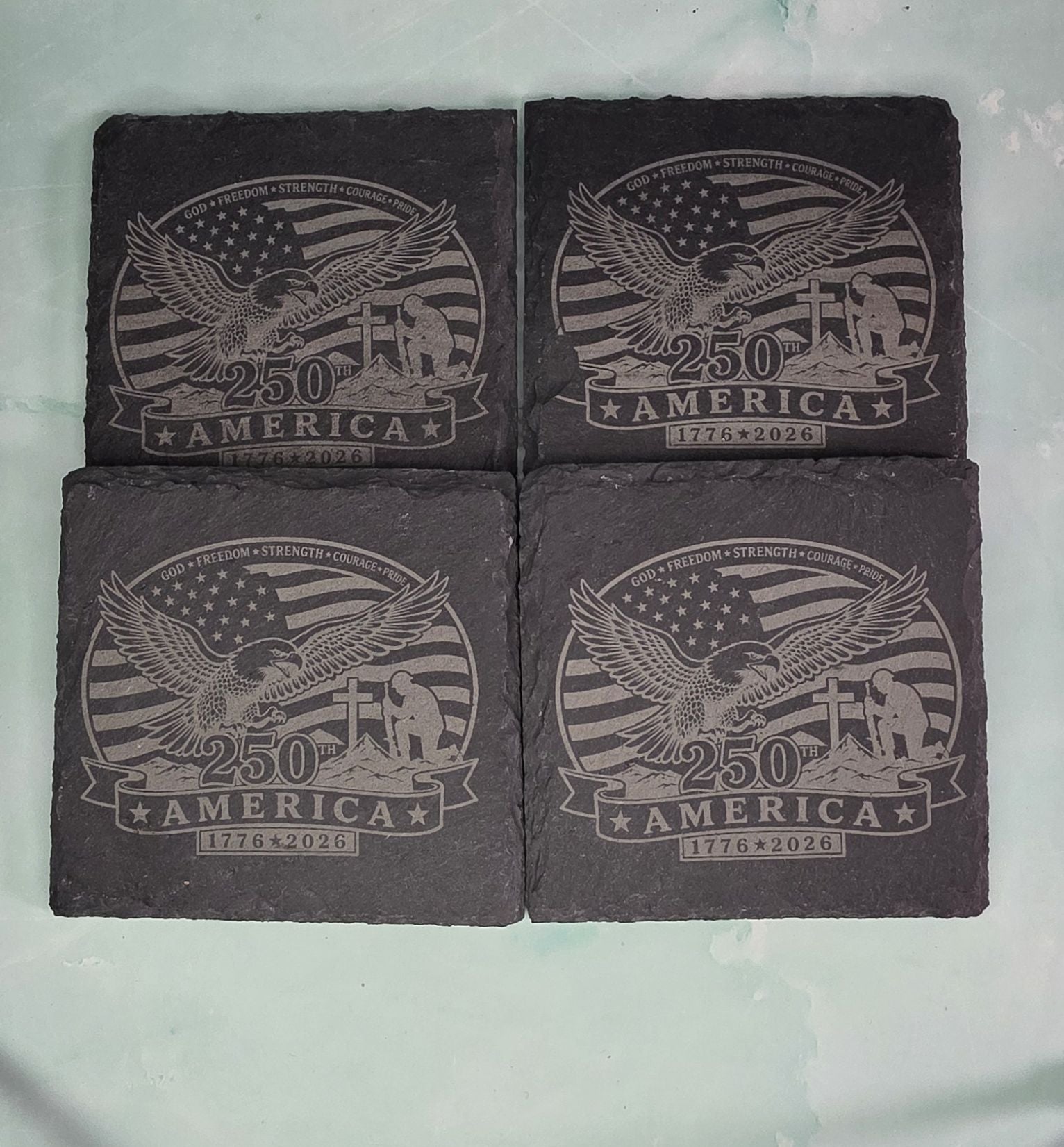 250th America Anniversary Laser Engraved Slate Coasters – Set of 4