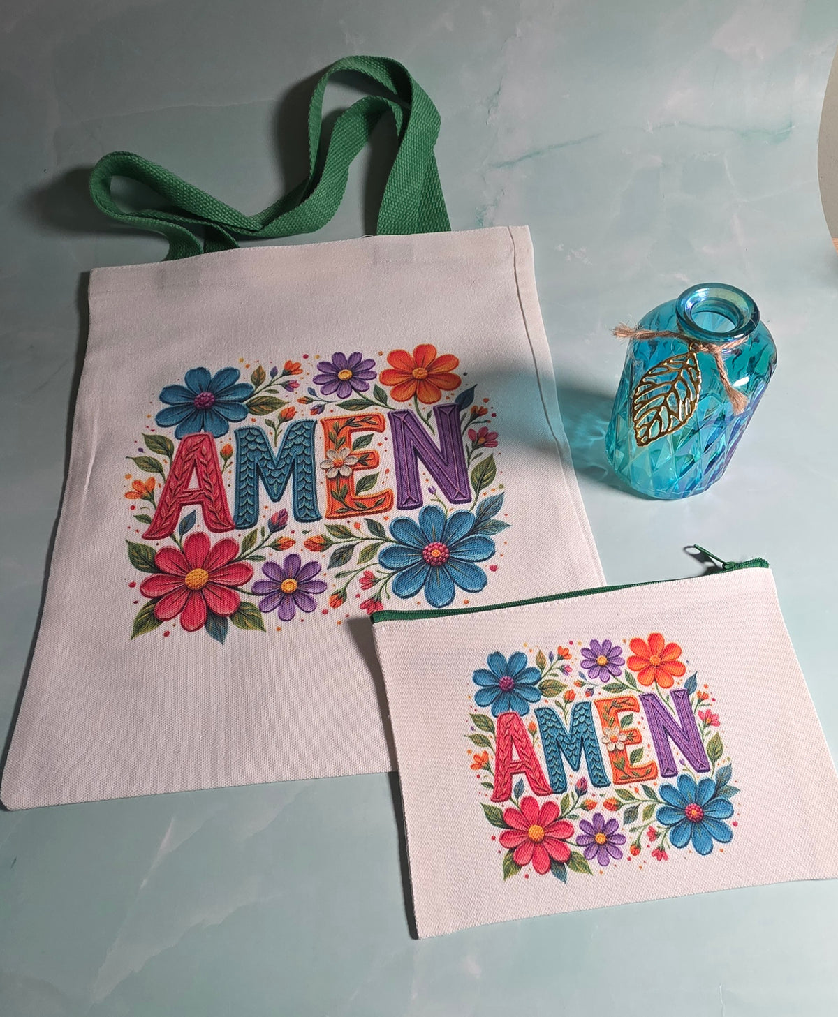 Amen Floral Canvas Tote & Matching Makeup Bag Set