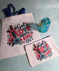 God's Love Never Runs Out Floral Cross Canvas Tote & Makeup Bag Set