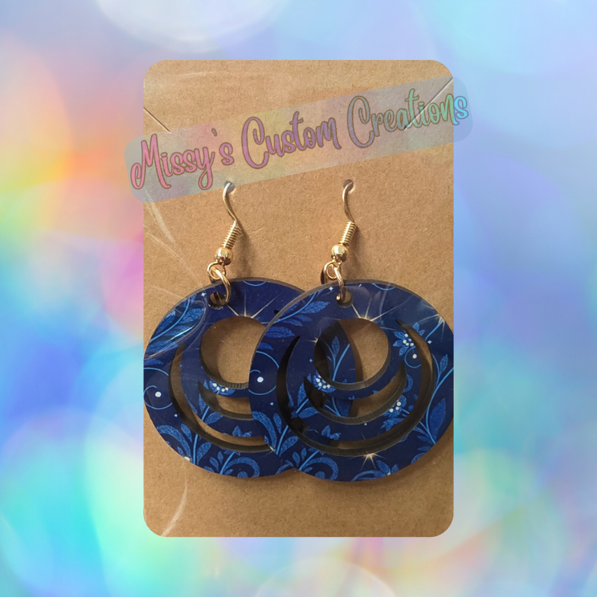 Dark Blue Floral Wooden Earrings