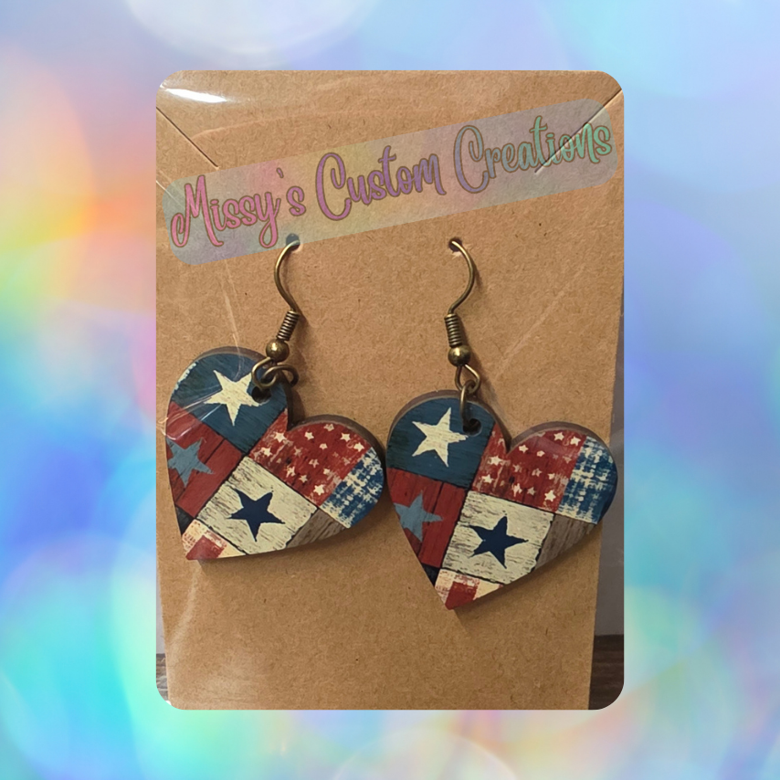 Heart-Shaped Americana Quilt Wooden Earrings