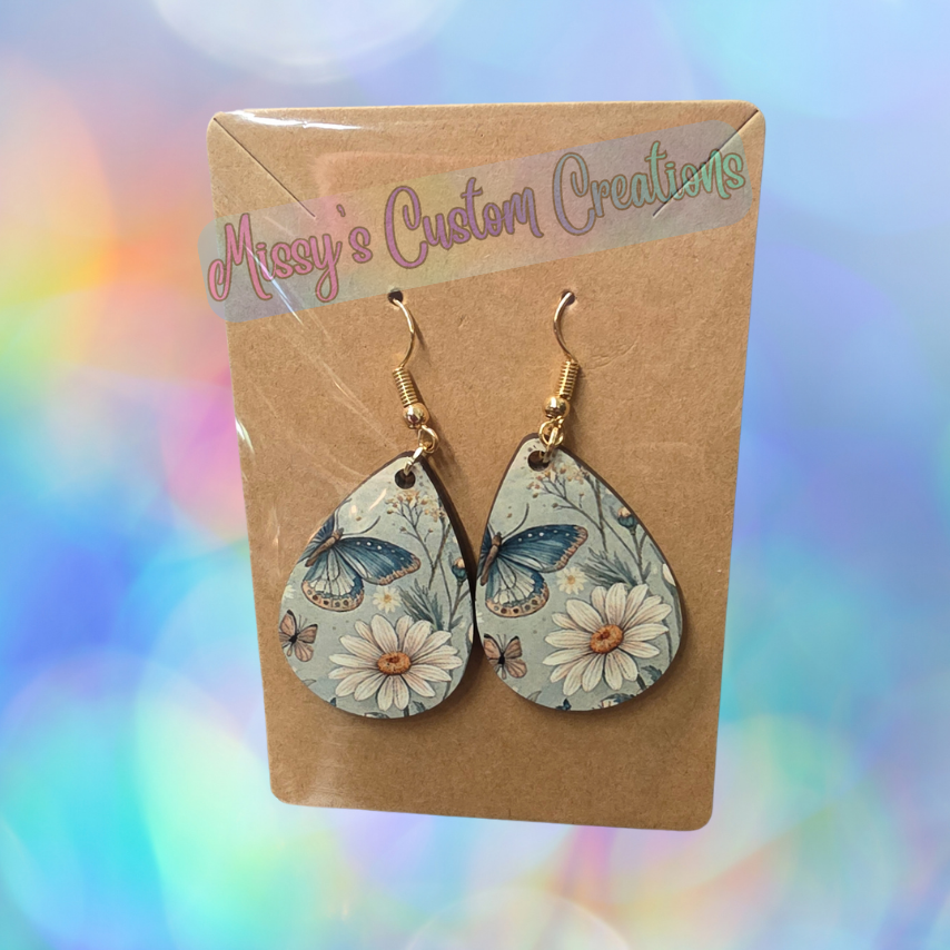Wooden Teardrop Daisy & Butterfly Earrings