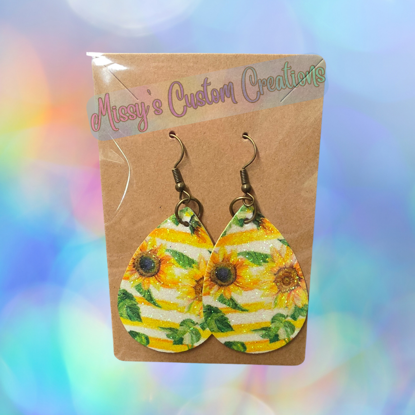 Teardrop Sunflower Glitter Faux Leather Earrings