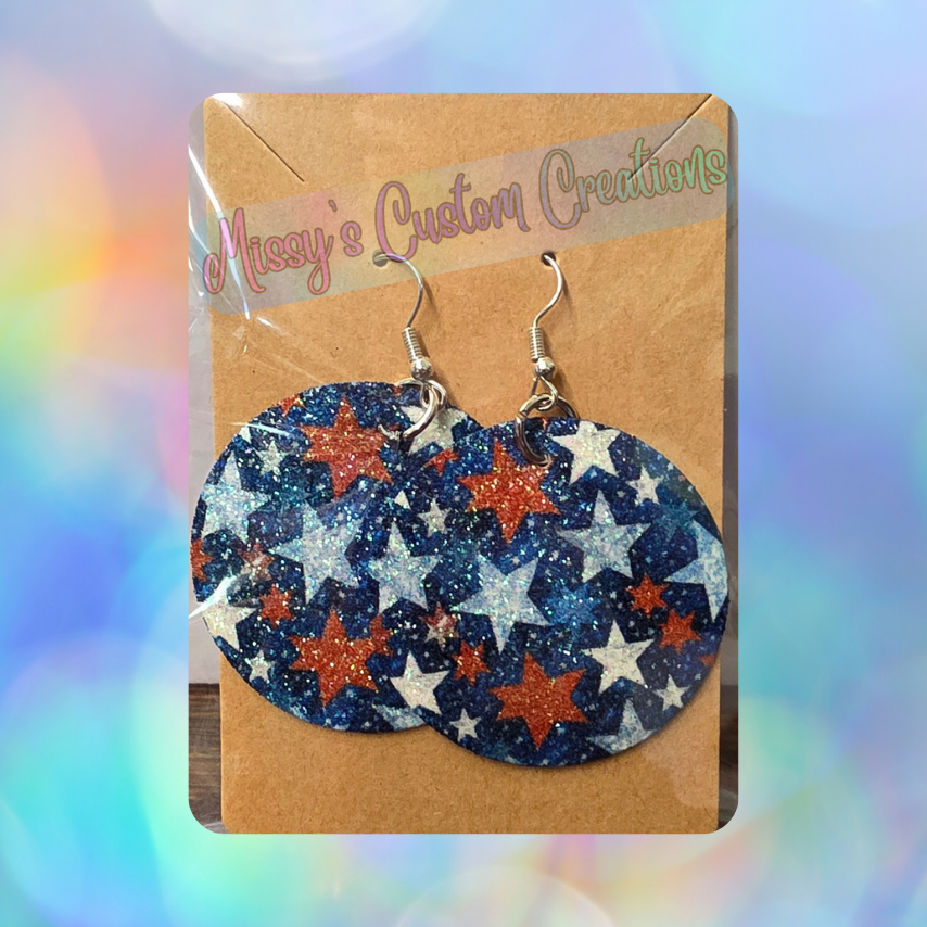 Round Red, White & Blue Stars Glitter Faux Leather Earrings