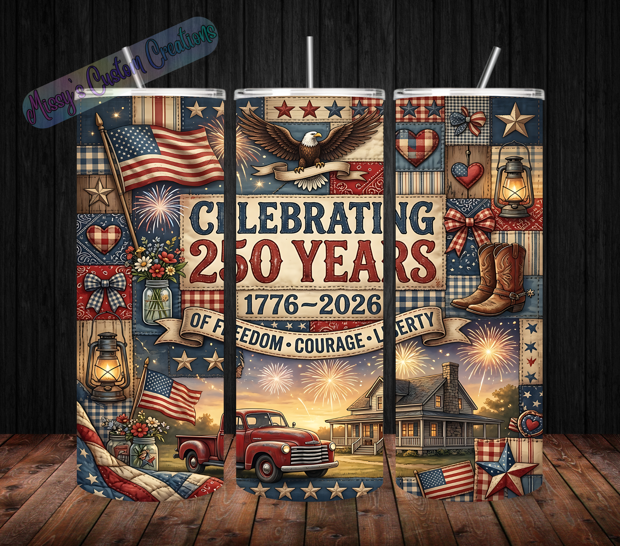 Rustic 20 oz Skinny Tumbler – Quilt, Old Truck & 250th USA Birthday