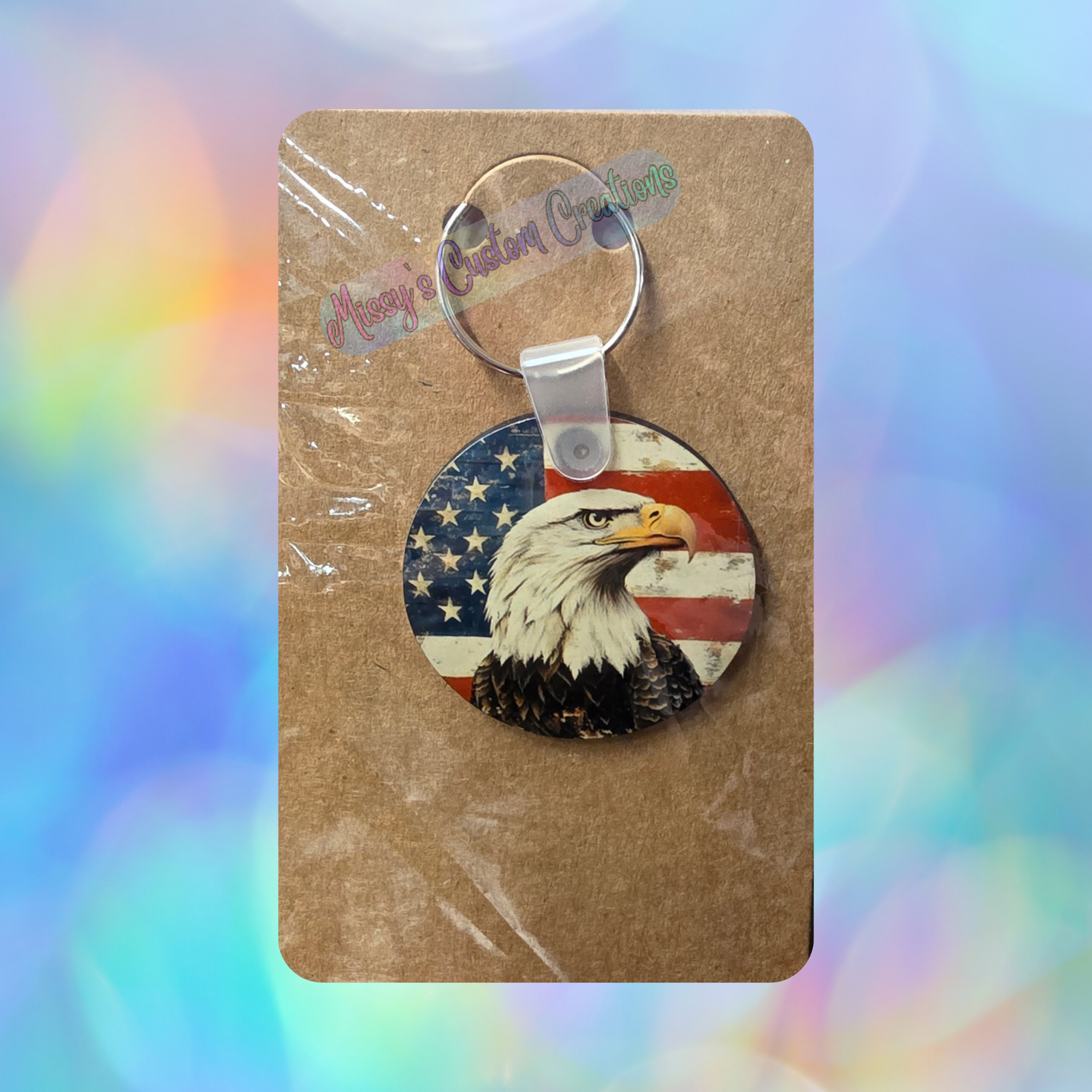Rustic American Flag & Bald Eagle Round Wooden Keychain