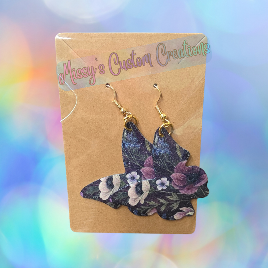 Butterfly Floral Glitter Faux Leather Earrings in Purple
