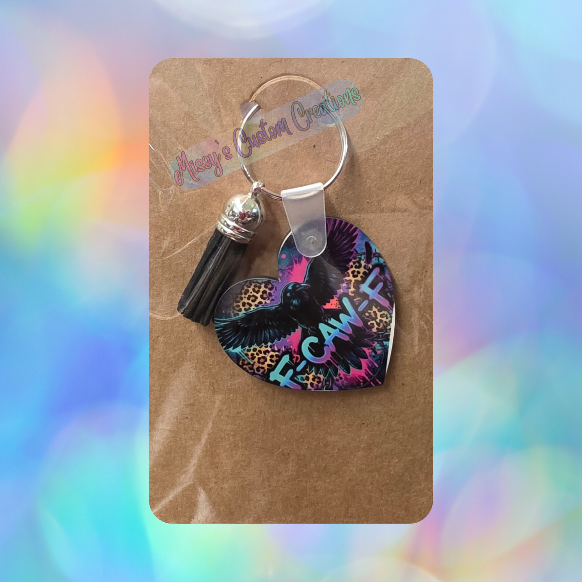 "F-Caw-F" Heart Shaped Wooden Keychain with Black Tassel