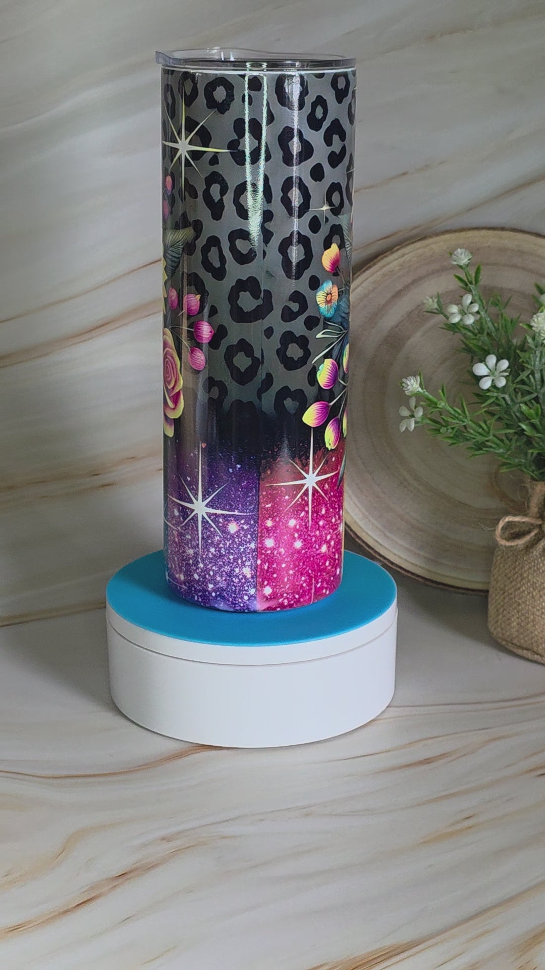 20 oz Skinny Tumbler-Colorful Flower and Leopard Print