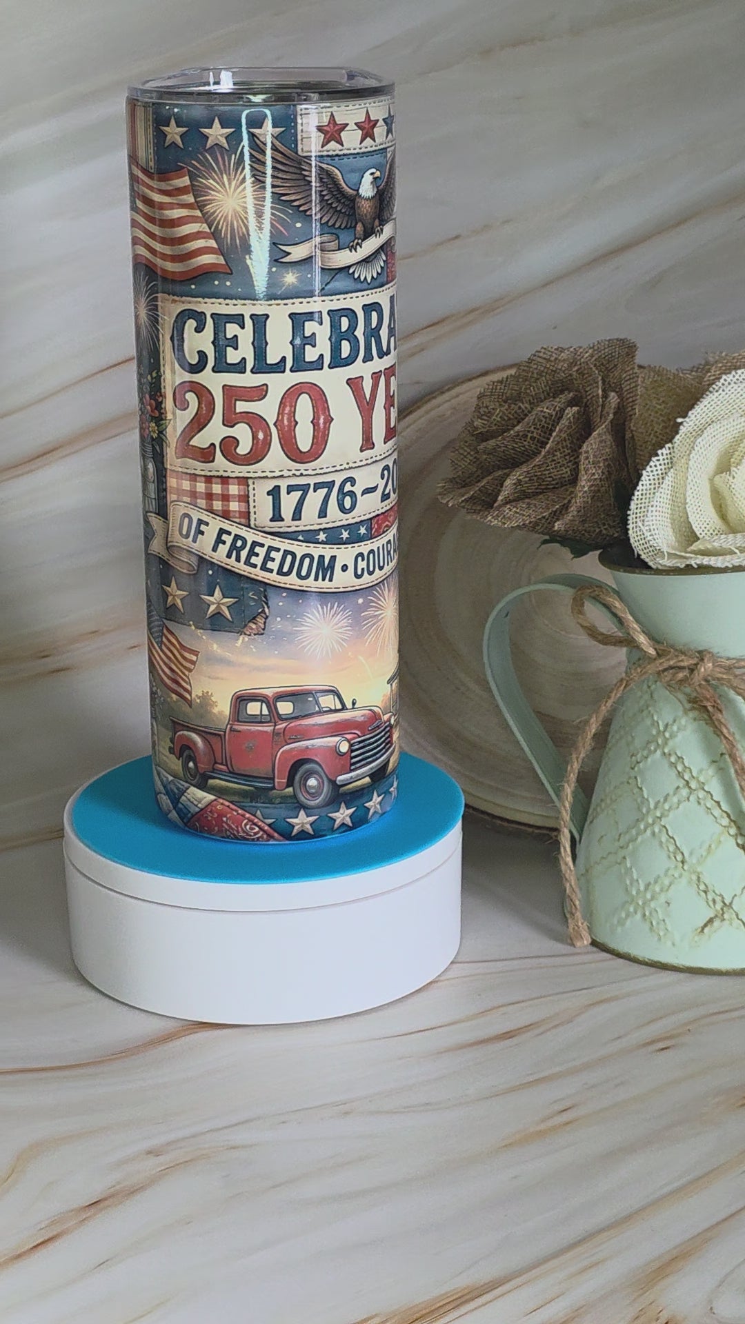 Rustic 20 oz Skinny Tumbler – Quilt, Old Truck & 250th USA Birthday